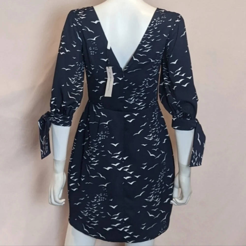 BCBGeneration Navy and White Birds Print Half Tie Sleeve V Back Mini Dress 4